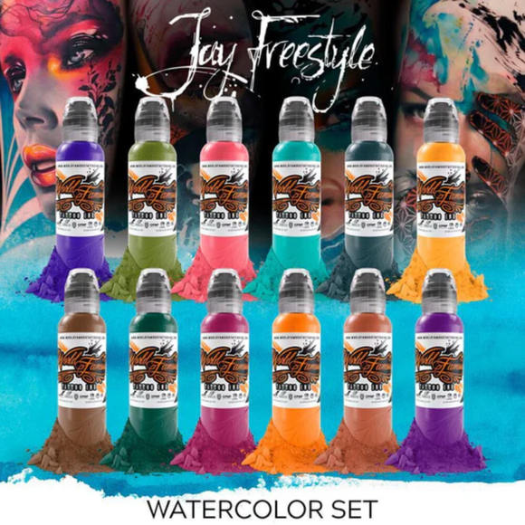 WORLD FAMOUS TATTOO INK 12 BOTTLE JAY FREESTYLE WATERCOLOR INK SET